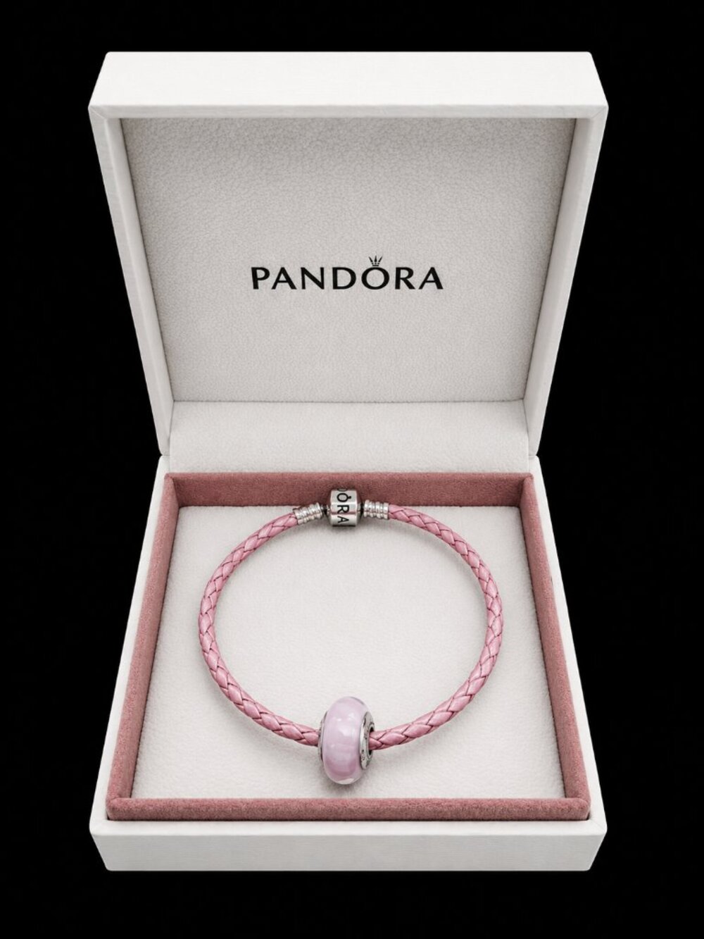Pandora Pink Leather Bracelet Retired Candy Stripes Murano Charm 925 ALE w/ Box